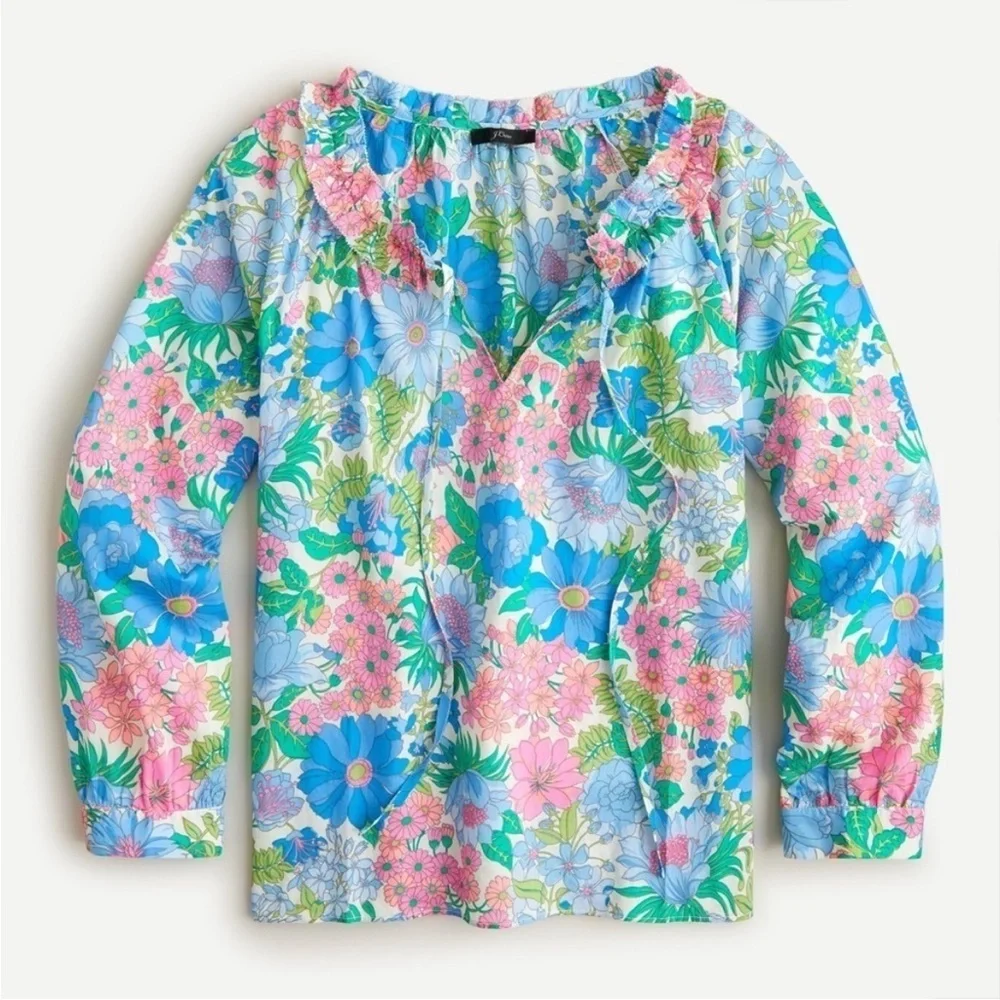 J. Crew Organic Cotton Tie Front Ruffle Top in Fairy Floral A2851 Small